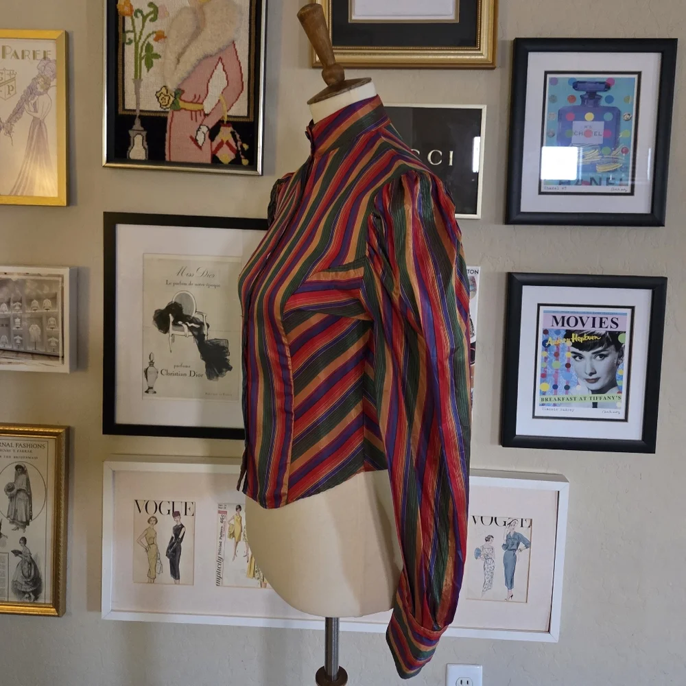 1980s Sasha Striped Print Puffed‎ Long Sleeve Acetate Blouse Shirt Top